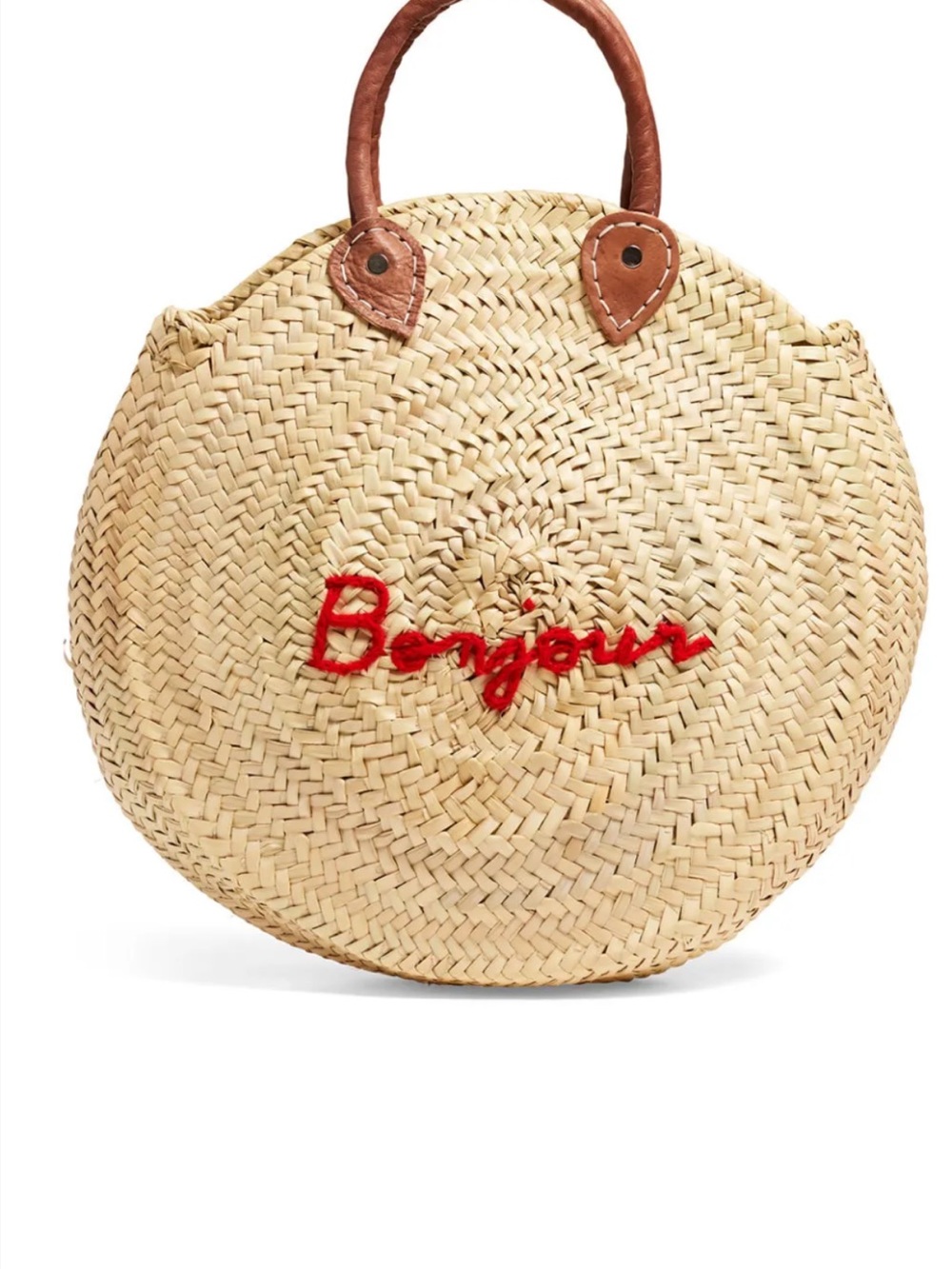 Poolside Le Cercle Round Straw Tote Bag with Red 'Bonjour' Script